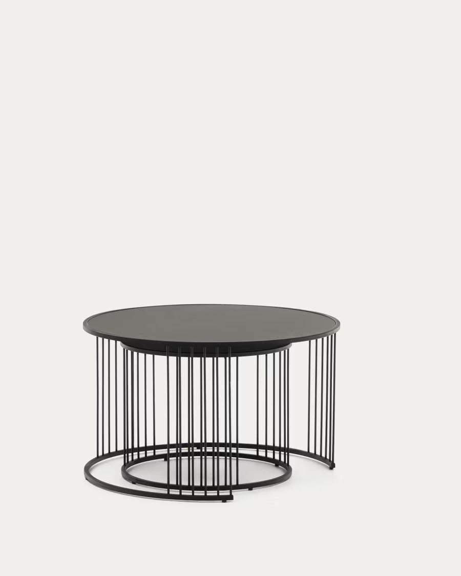 Hadar set of 2 Tempered Glass & Metal Side Tables with matte black finish, ? 75cm/? 45cm