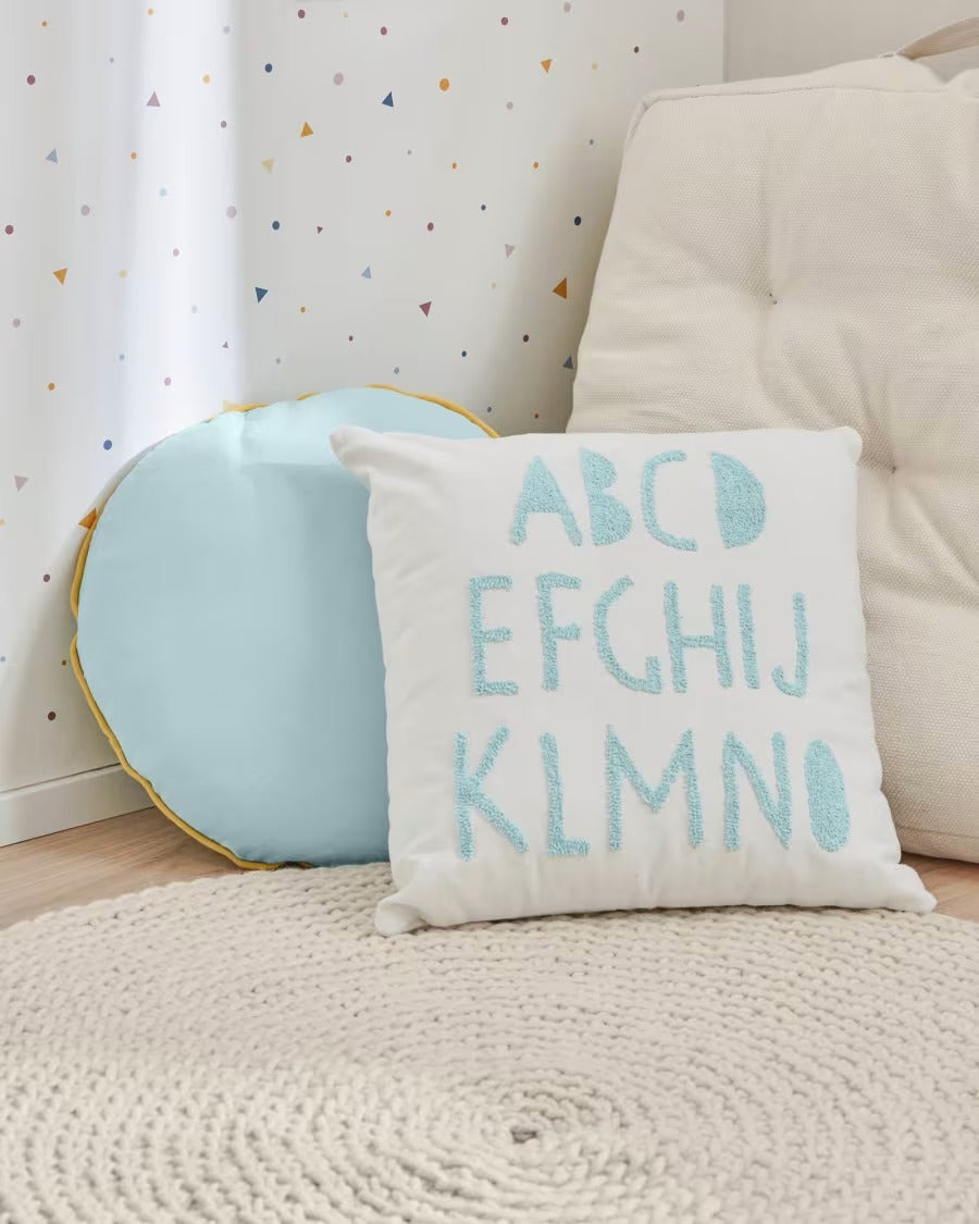 Keila 100% Cotton Blue Alphabet Cushion Cover white 45 x 45 cm