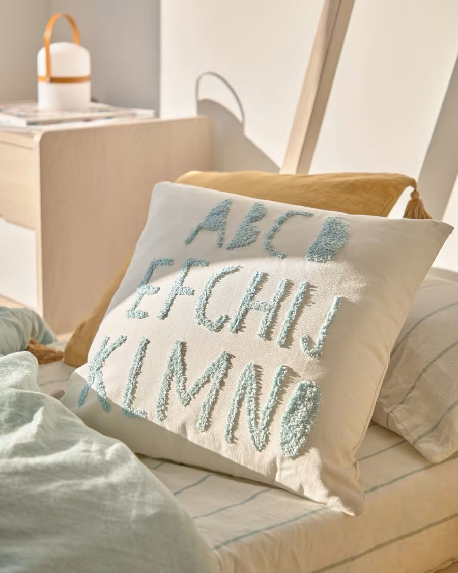 Keila 100% Cotton Blue Alphabet Cushion Cover white 45 x 45 cm