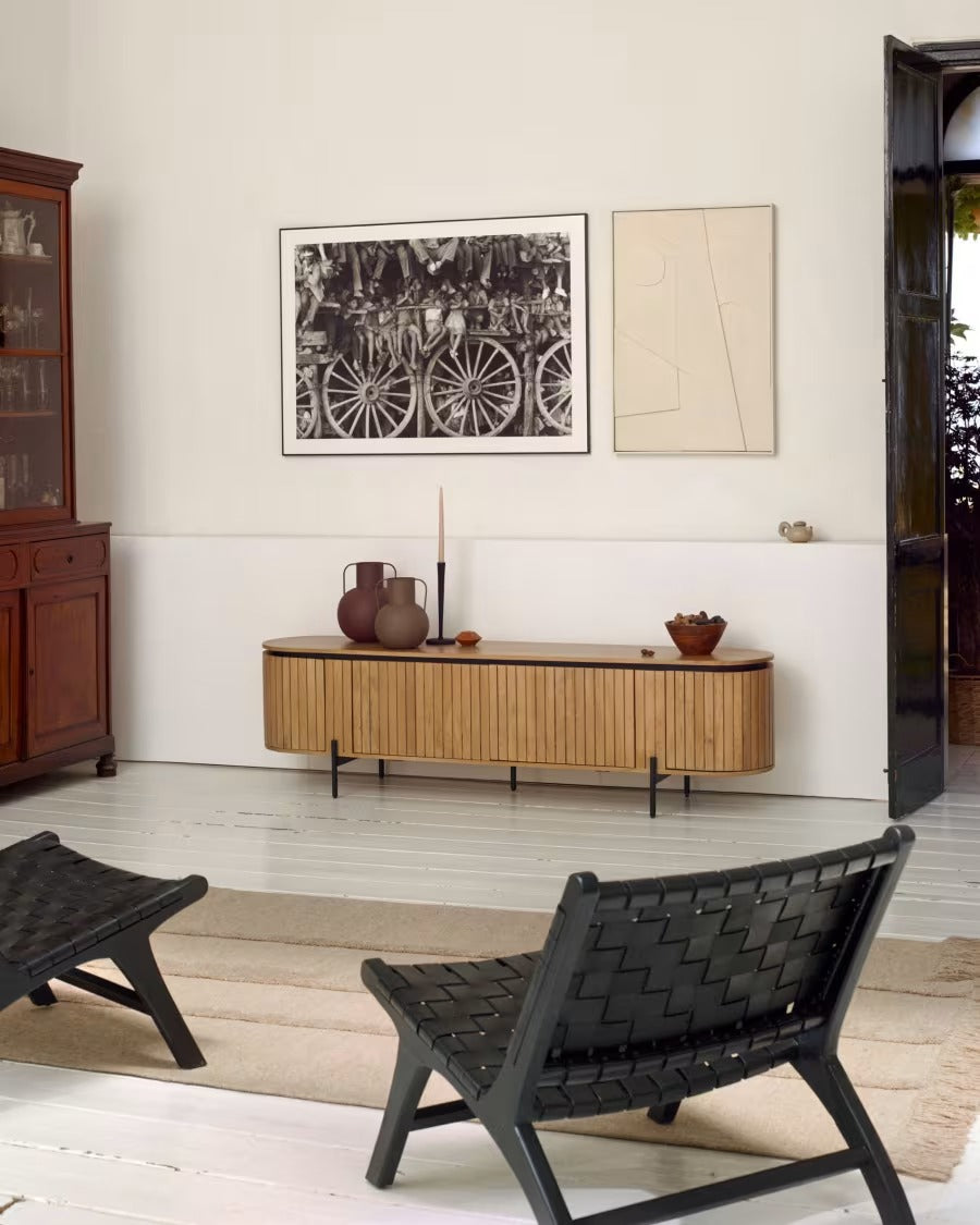 Licia TV Stand with 4 doors, solid mango wood with natural finish and metal, 200x55cm
