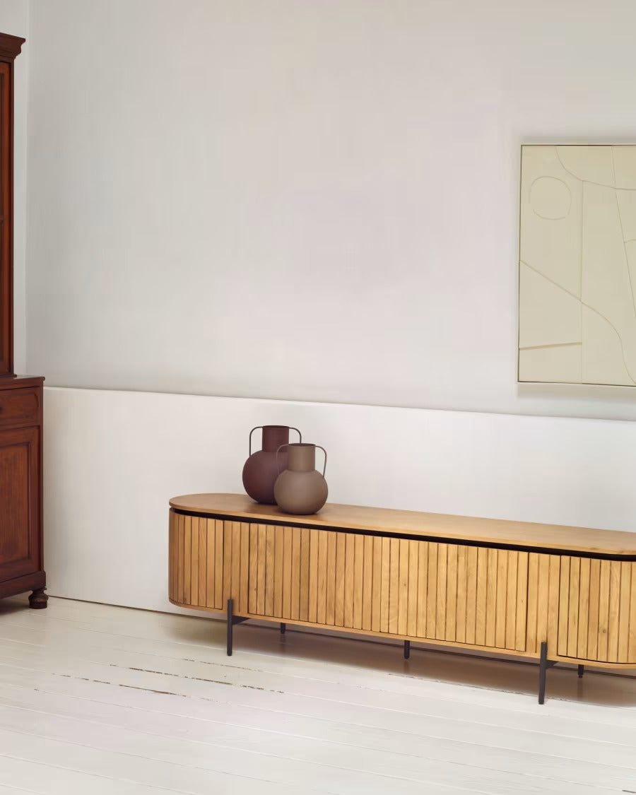 Licia TV Stand with 4 doors, solid mango wood with natural finish and metal, 200x55cm