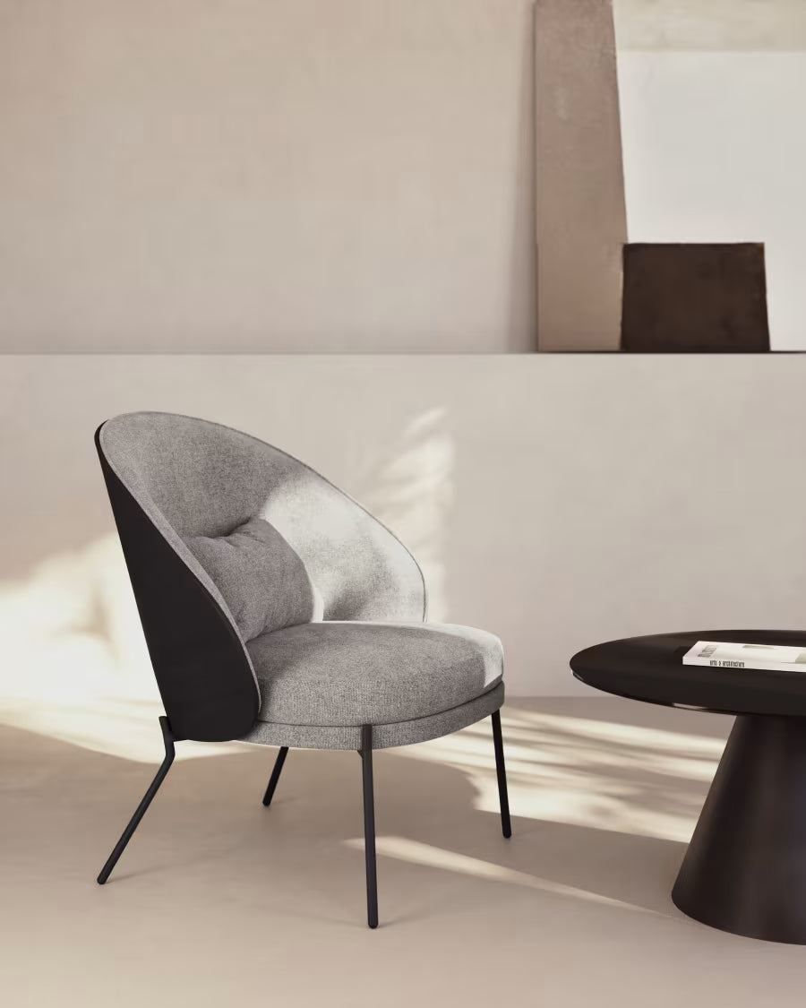 Eamy light grey armchair in an ash wood veneer with a black finish and black metal.