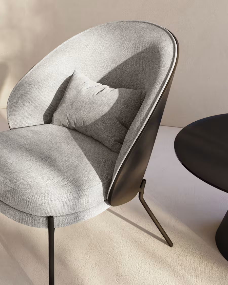 Eamy light grey armchair in an ash wood veneer with a black finish and black metal.