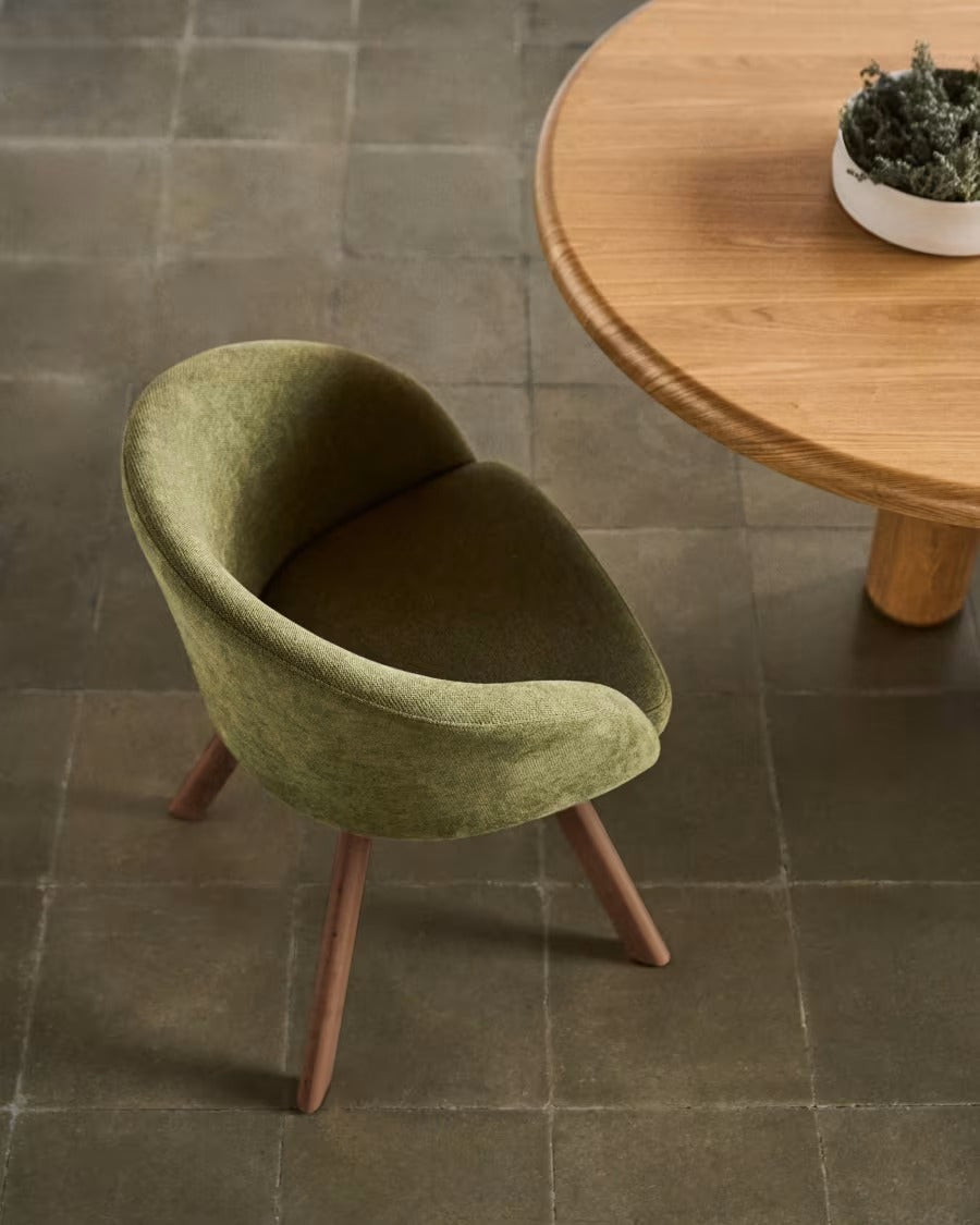Marvin Chair in Green Chenille with swivel in a walnut finish