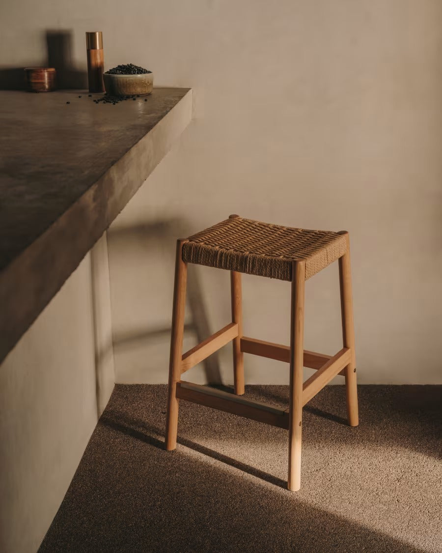 Yalia Stool in solid oak wood in a natural finish and rope cord, height 65cm
