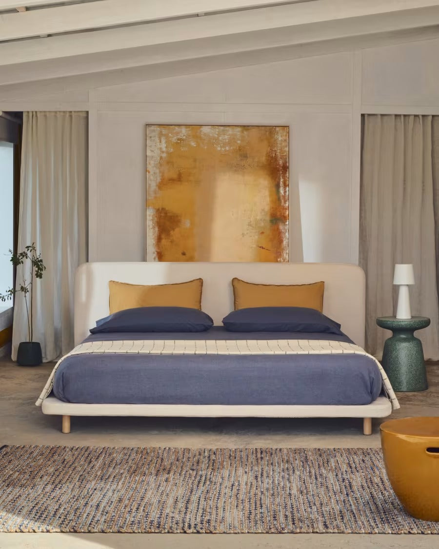 Odum Bed with removable covers in beige micro bouclé with solid beech wood legs 180x100cm