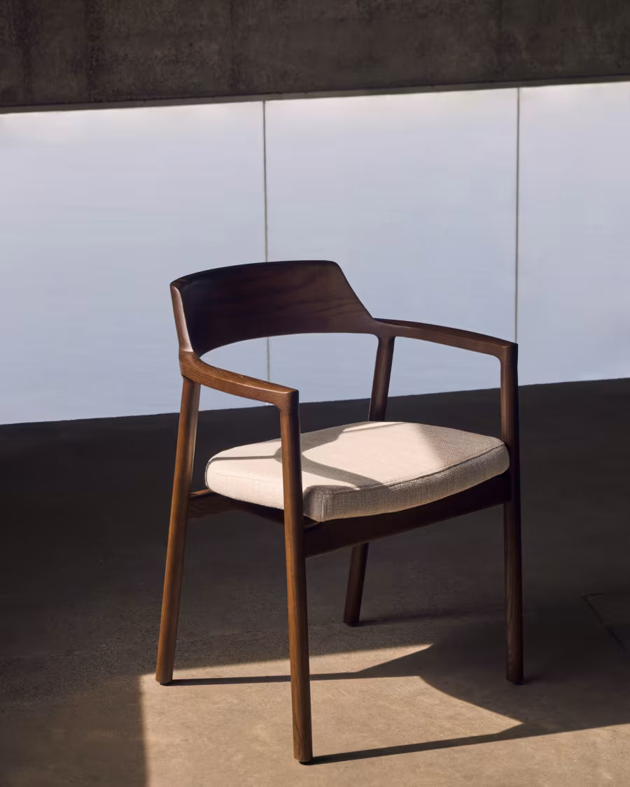 Alocs chair removable cover in beige chenille solid oak wood walnut finish