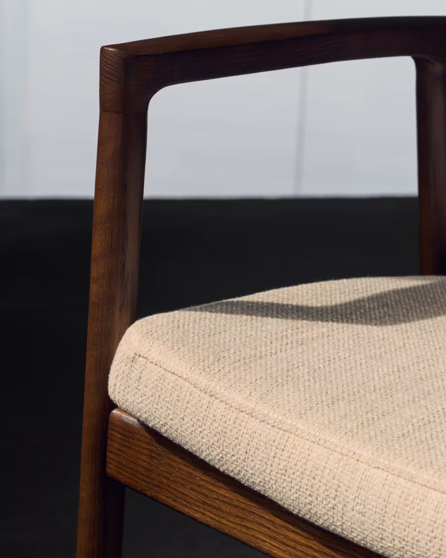 Alocs chair removable cover in beige chenille solid oak wood walnut finish