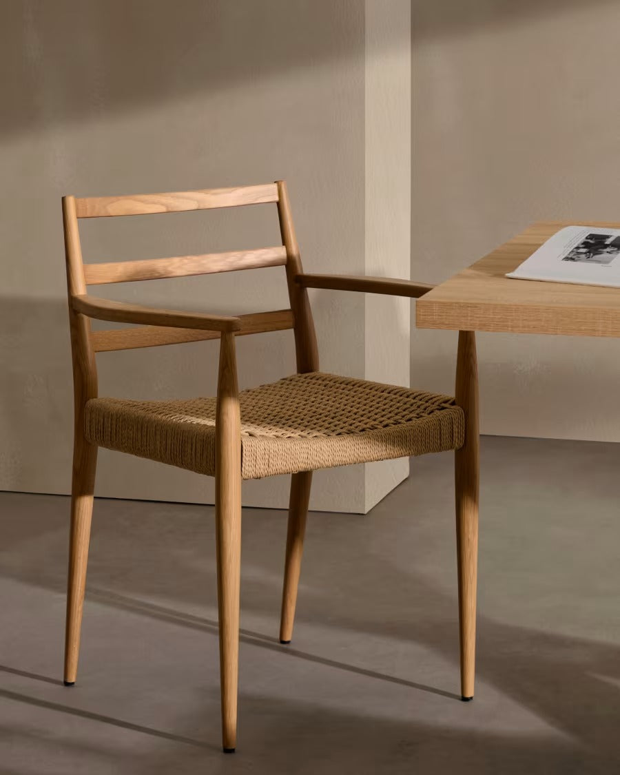 Analy Chair with Armrests in Solid Oak Wood in a Natural Finish