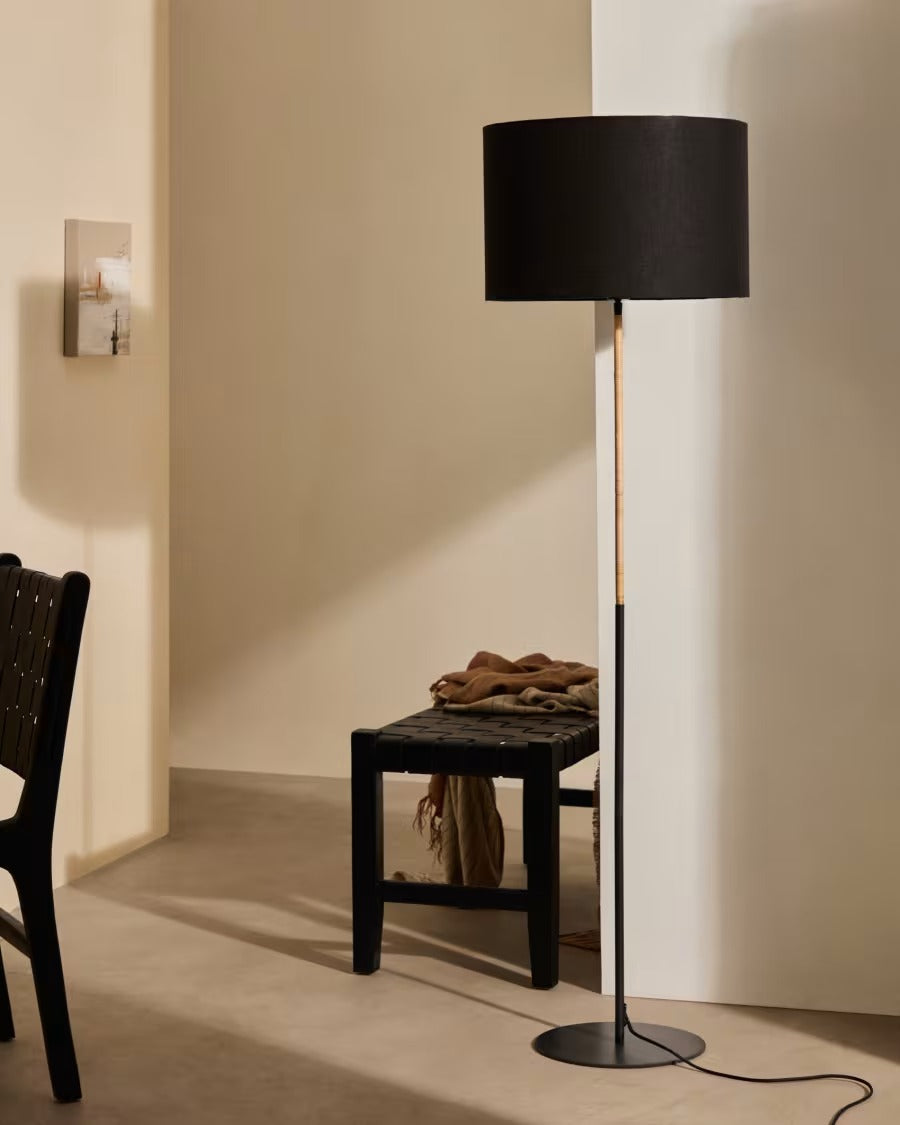 Canar Metal and Rattan Floor Lamp made with a black cotton lamp shade