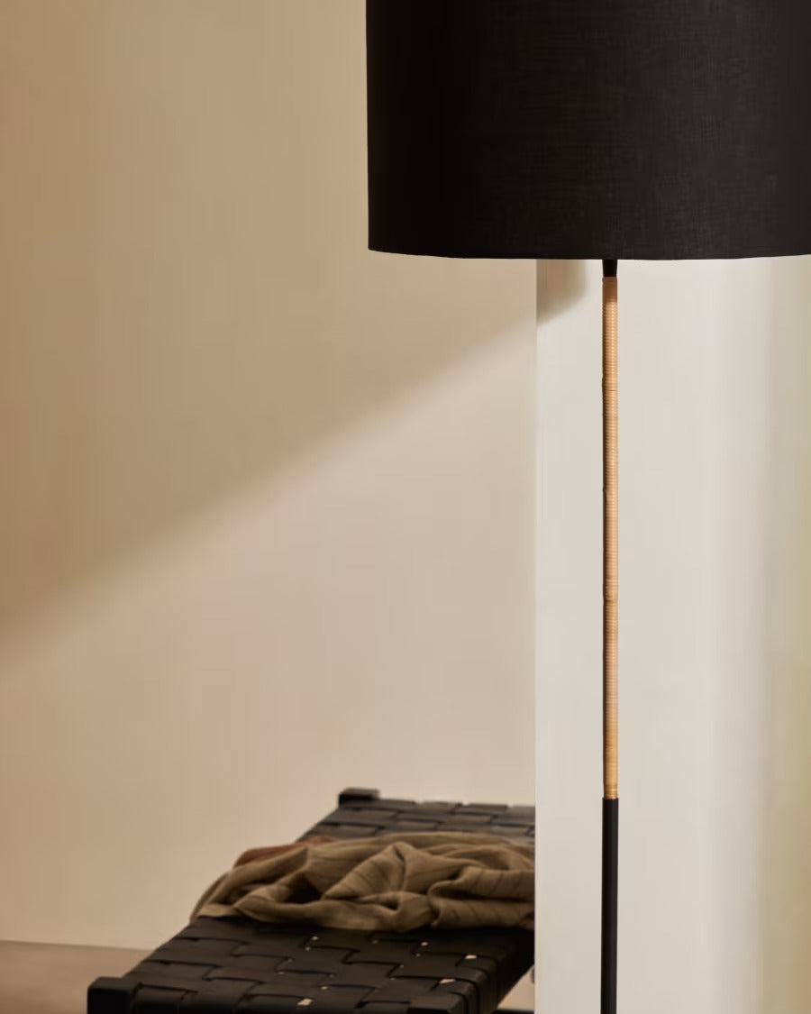 Canar Metal and Rattan Floor Lamp made with a black cotton lamp shade