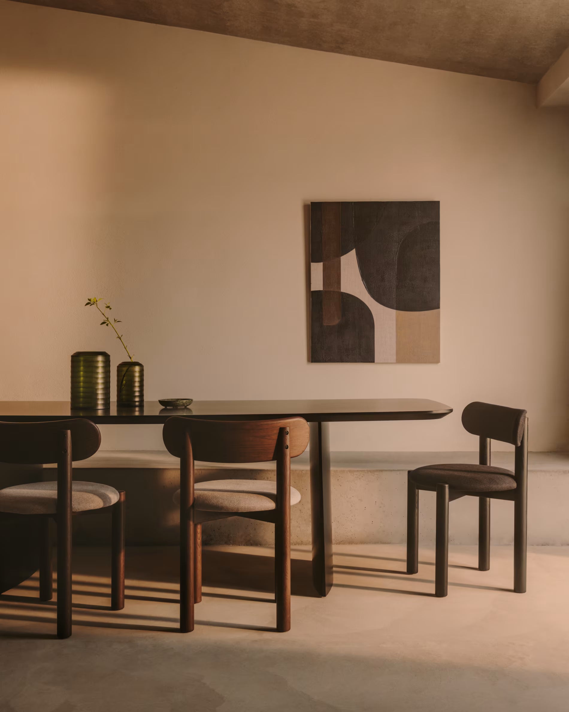 Nebai chair in brown chenille with a solid oak wood and walnut finish