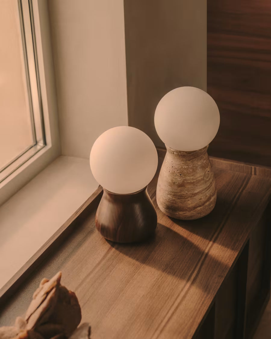 Okeni table lamp made of travertine and glass