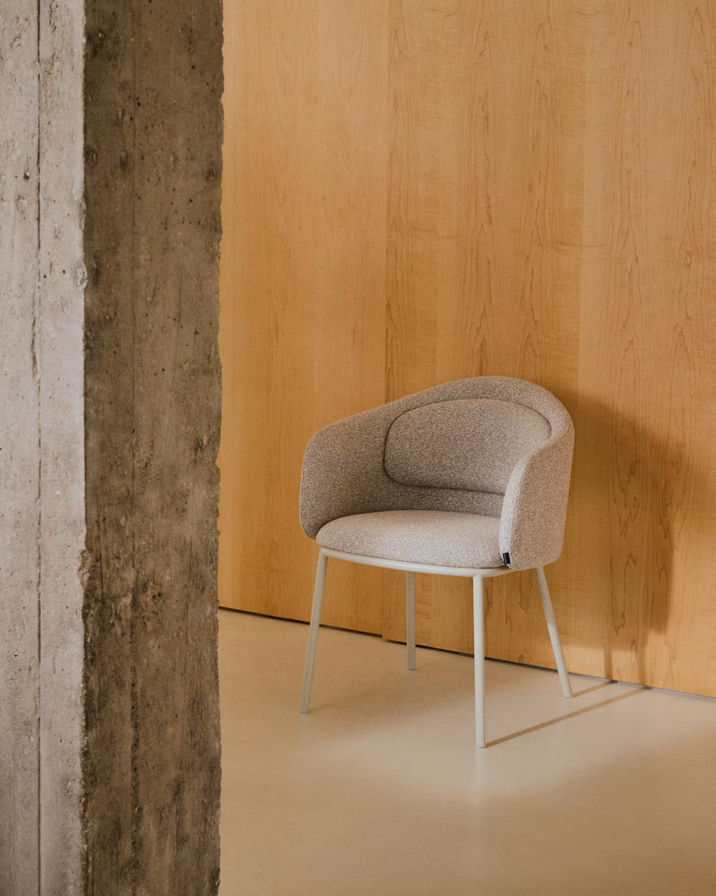 Idaira chair in thick beige chenille and steel legs in a beige finish