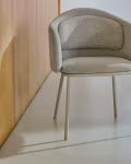 Idaira chair in thick beige chenille and steel legs in a beige finish
