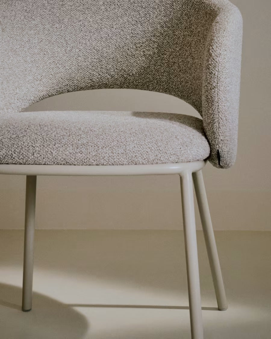 Maina Chair in thick beige chenille and steel legs in a beige finish