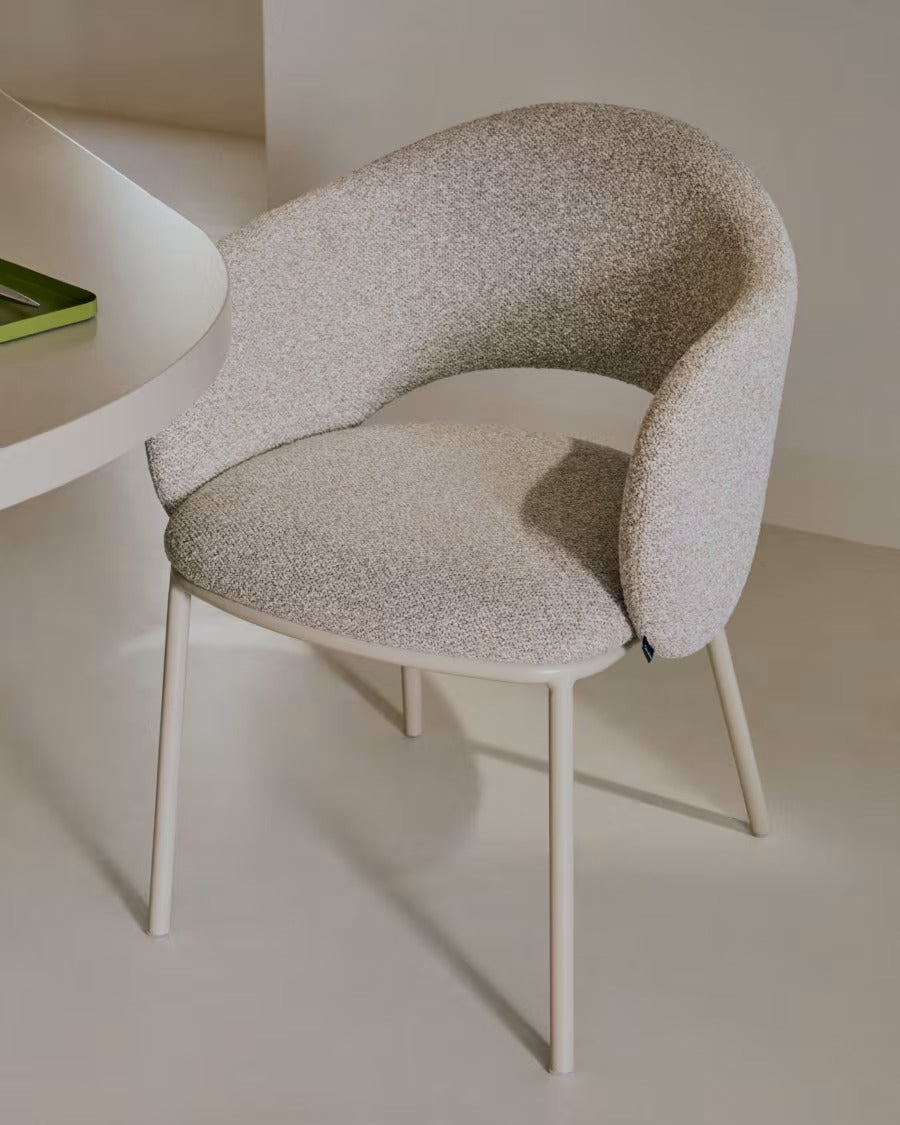 Maina Chair in thick beige chenille and steel legs in a beige finish