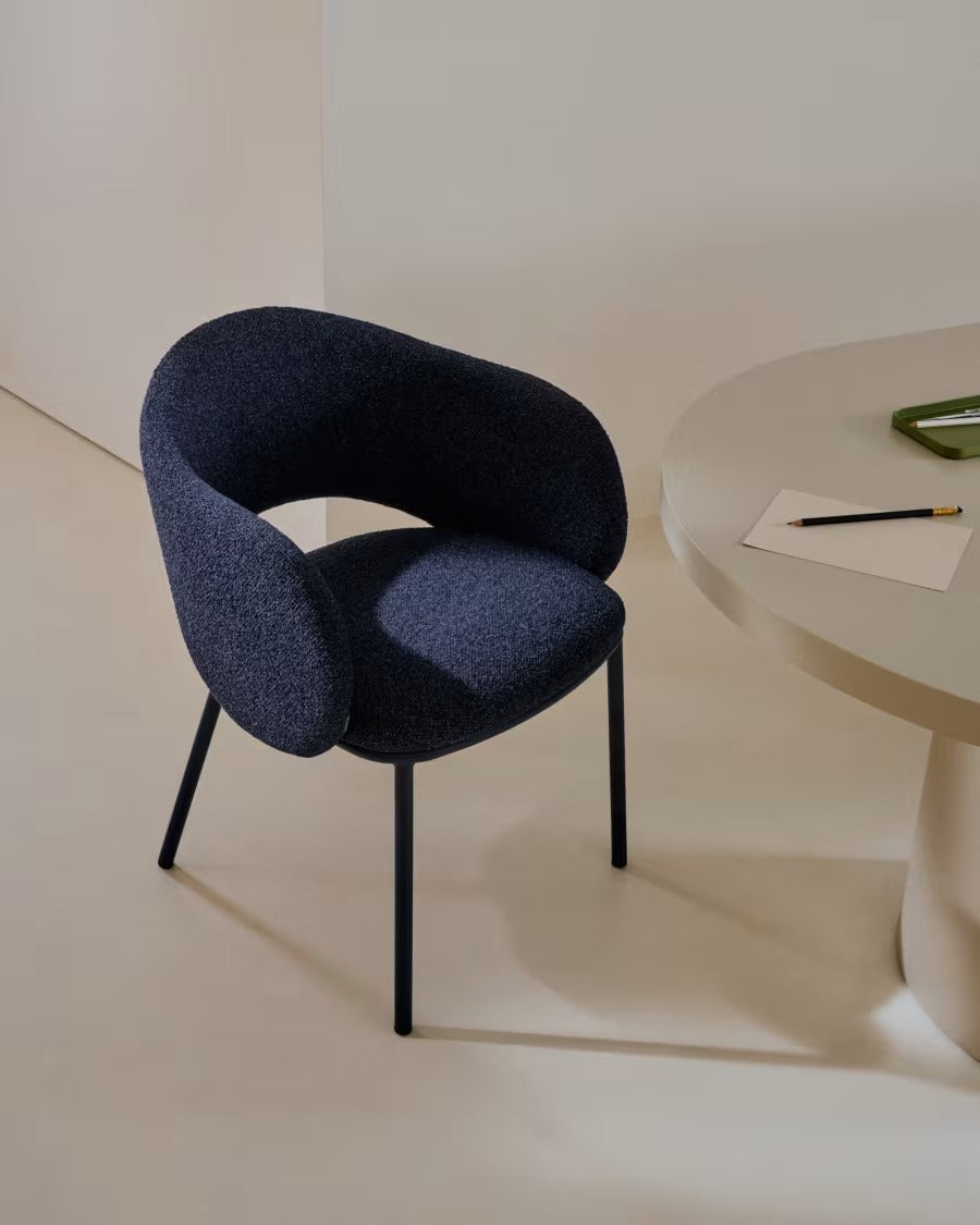 Maina Chair in thick blue chenille and steel legs with blue finish