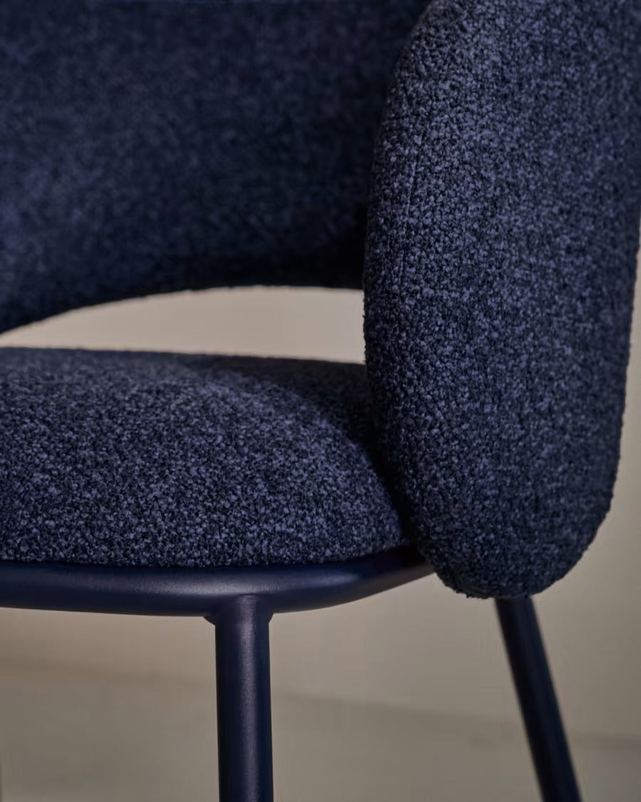 Maina Chair in thick blue chenille and steel legs with blue finish