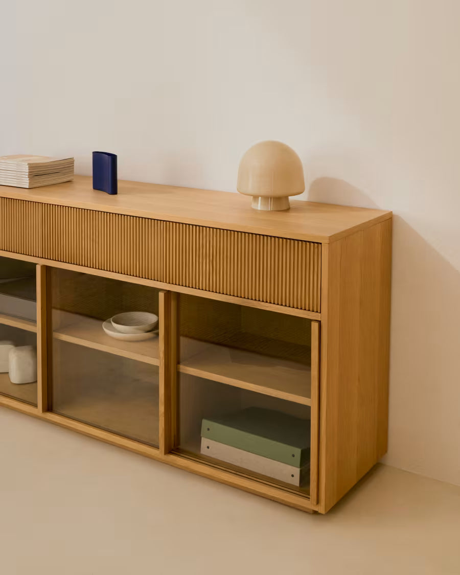 Helvine sideboard 4 doors and 4 drawers oak veneer and tempered glass 200x80cm