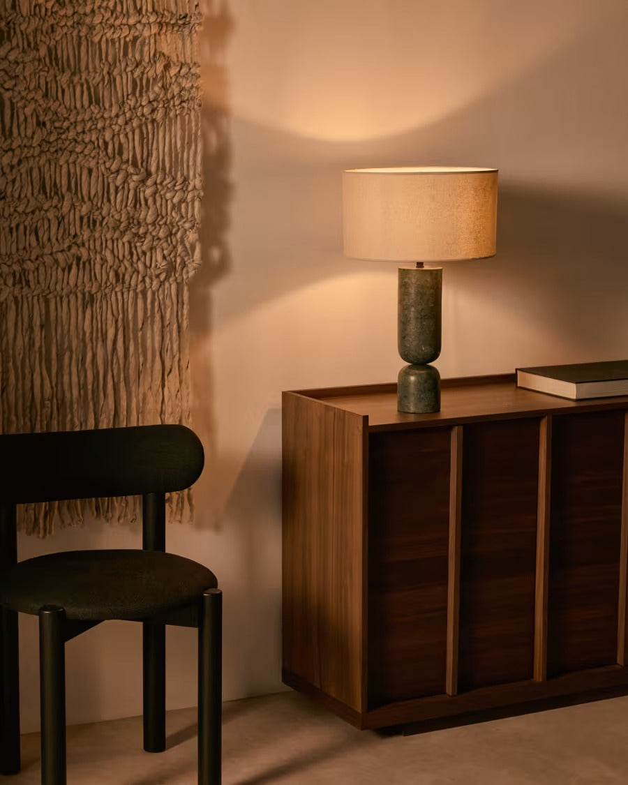 Vex Table Lamp in Green Marble with a Grey Linen Shade
