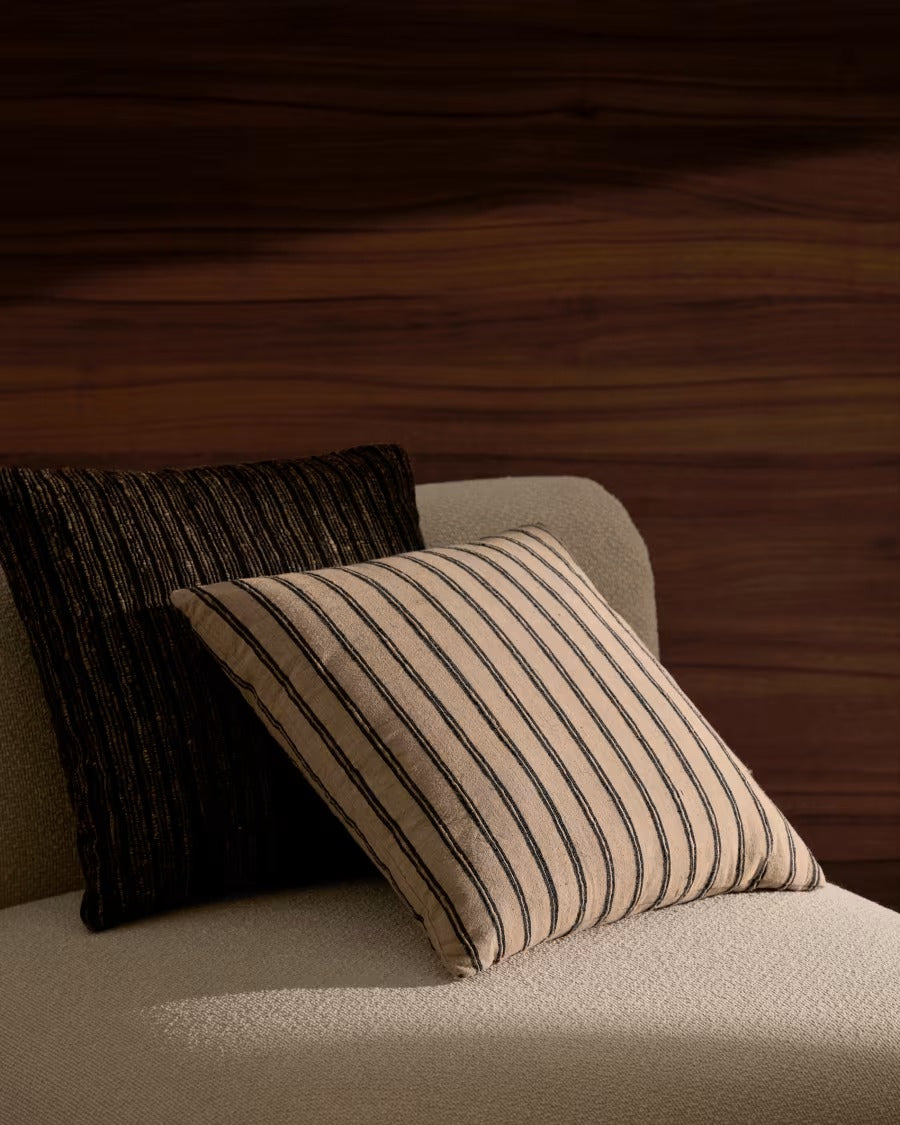 Caliu Beige and Grey Striped Silk and Cotton, 45 x 45