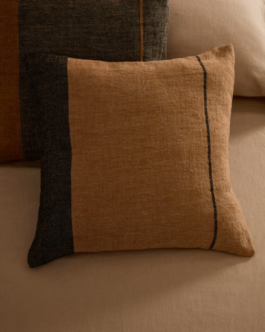 Eiko 100% terracotta linen cushion with vertical grey stripes# 50 x 50 cm