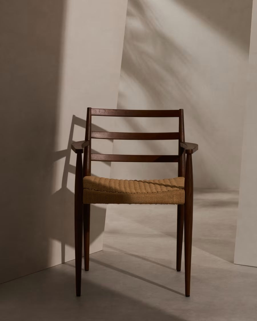 Analy Chair With Armrest in Solid Oak Wood in Walnut Finish