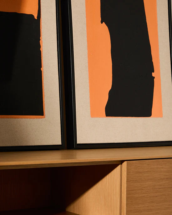 Zernu hand-painted orange and black with linen abstract picture B 42 x 65cm