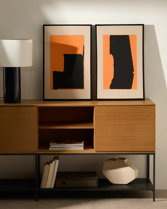 Zernu hand-painted orange and black with linen abstract picture B 42 x 65cm