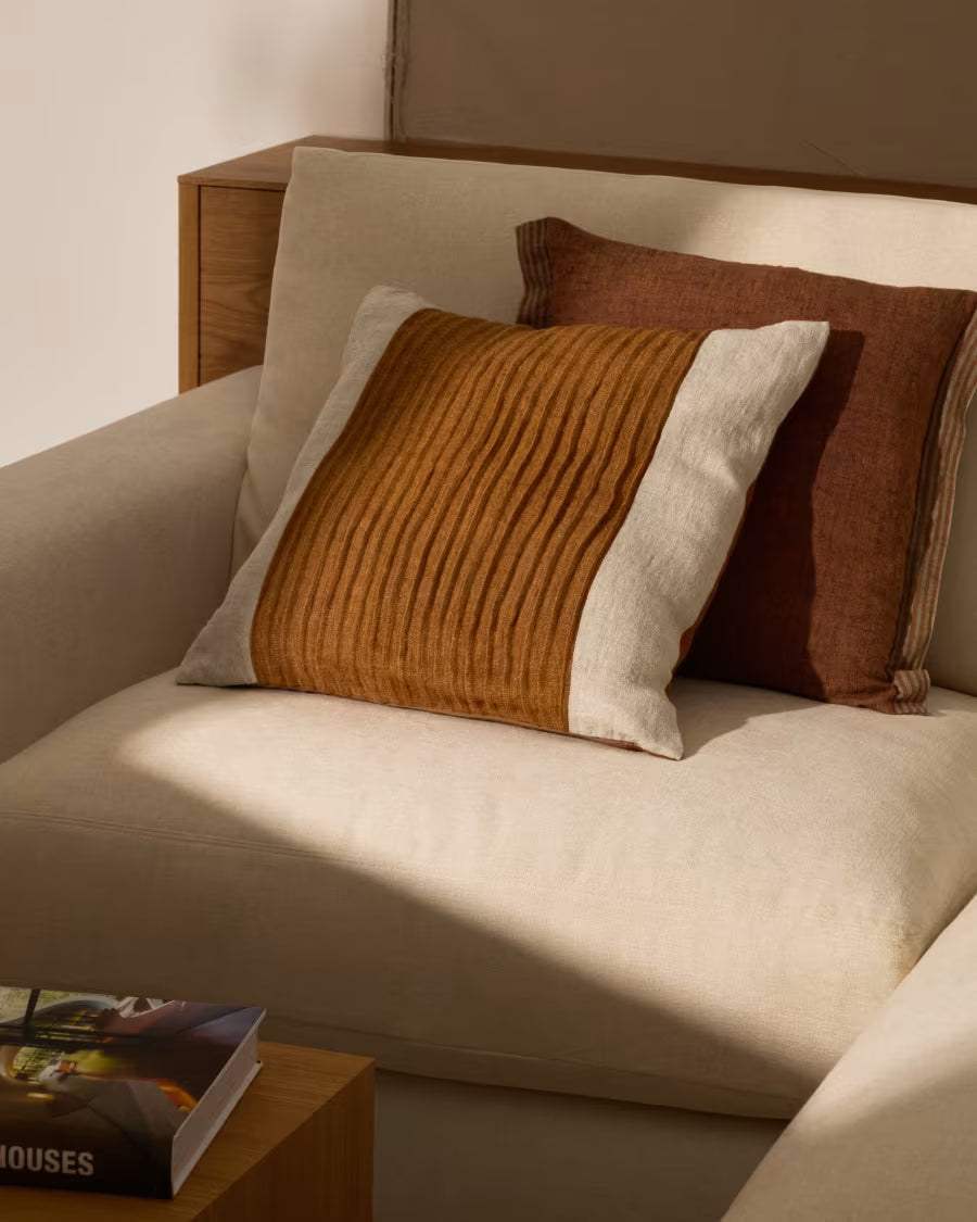 Zoren mustard pleated 100% linen cushion 50 x 50cm