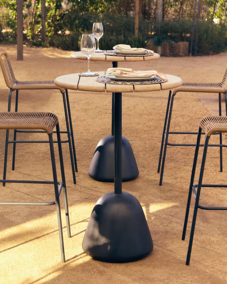 Saura high bar table black steel frame and natural finish acacia top 95x70cm FSC 100%.