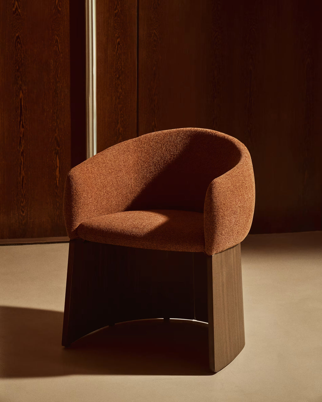 Bosca Chair in Terracotta Chenille and Walnut.