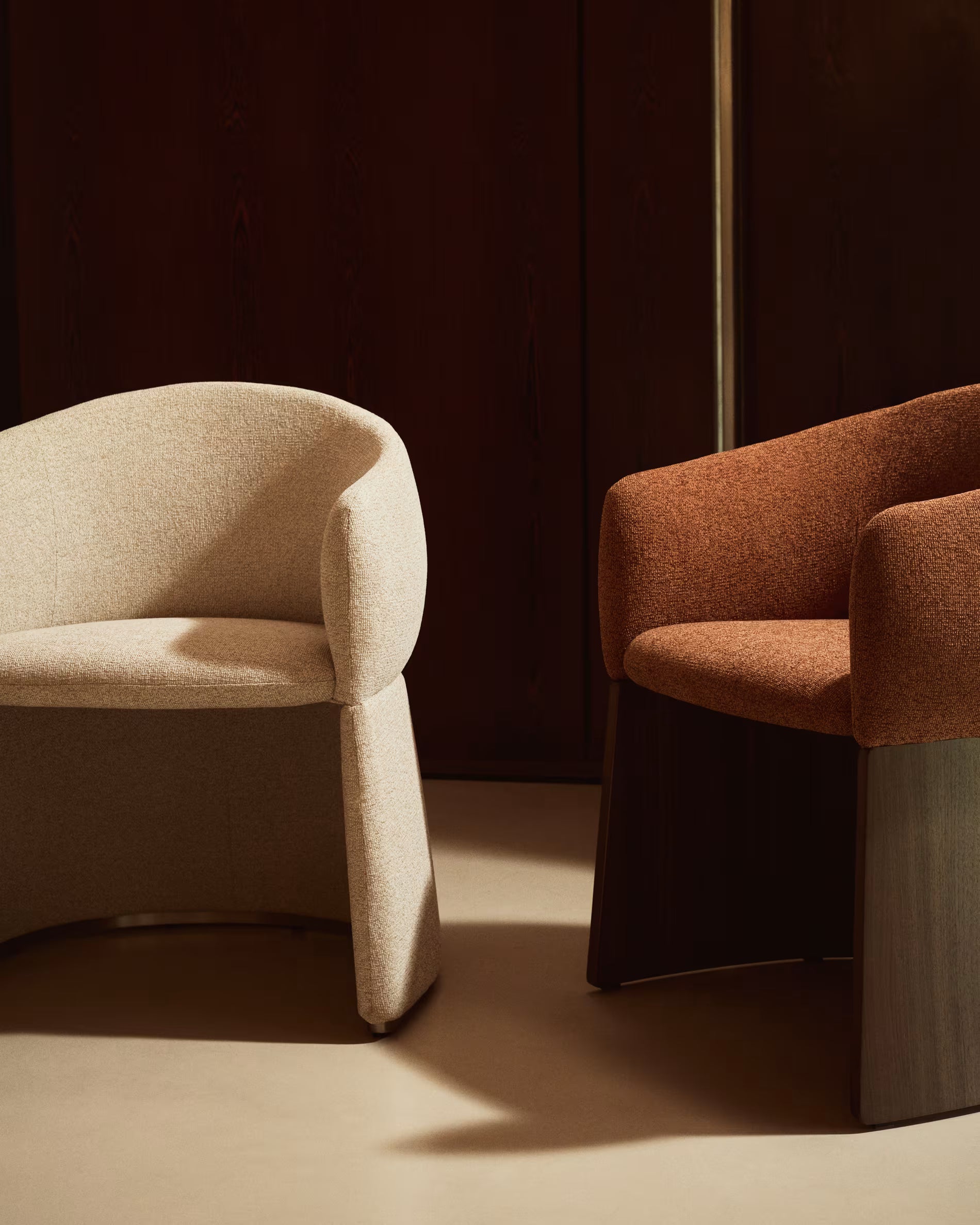 Bosca Chair in Terracotta Chenille and Walnut.