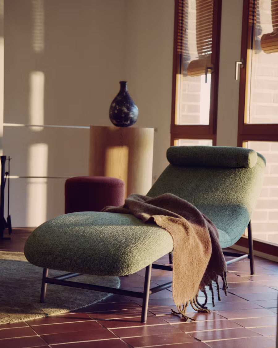 Osla divan in green chenille with brushed graphite stainless steel legs 174 cm.