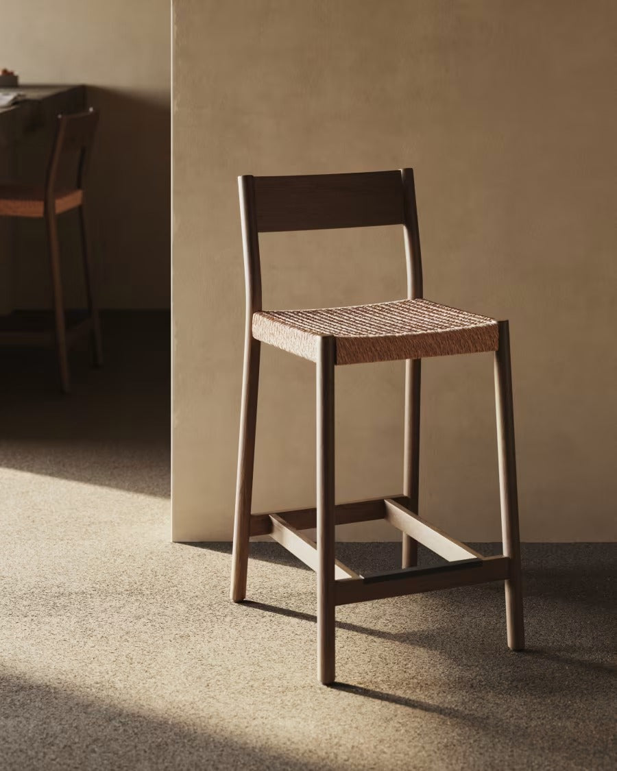 Yalia Stool with a backrest in solid oak wood in a walnut finish, height 65cm
