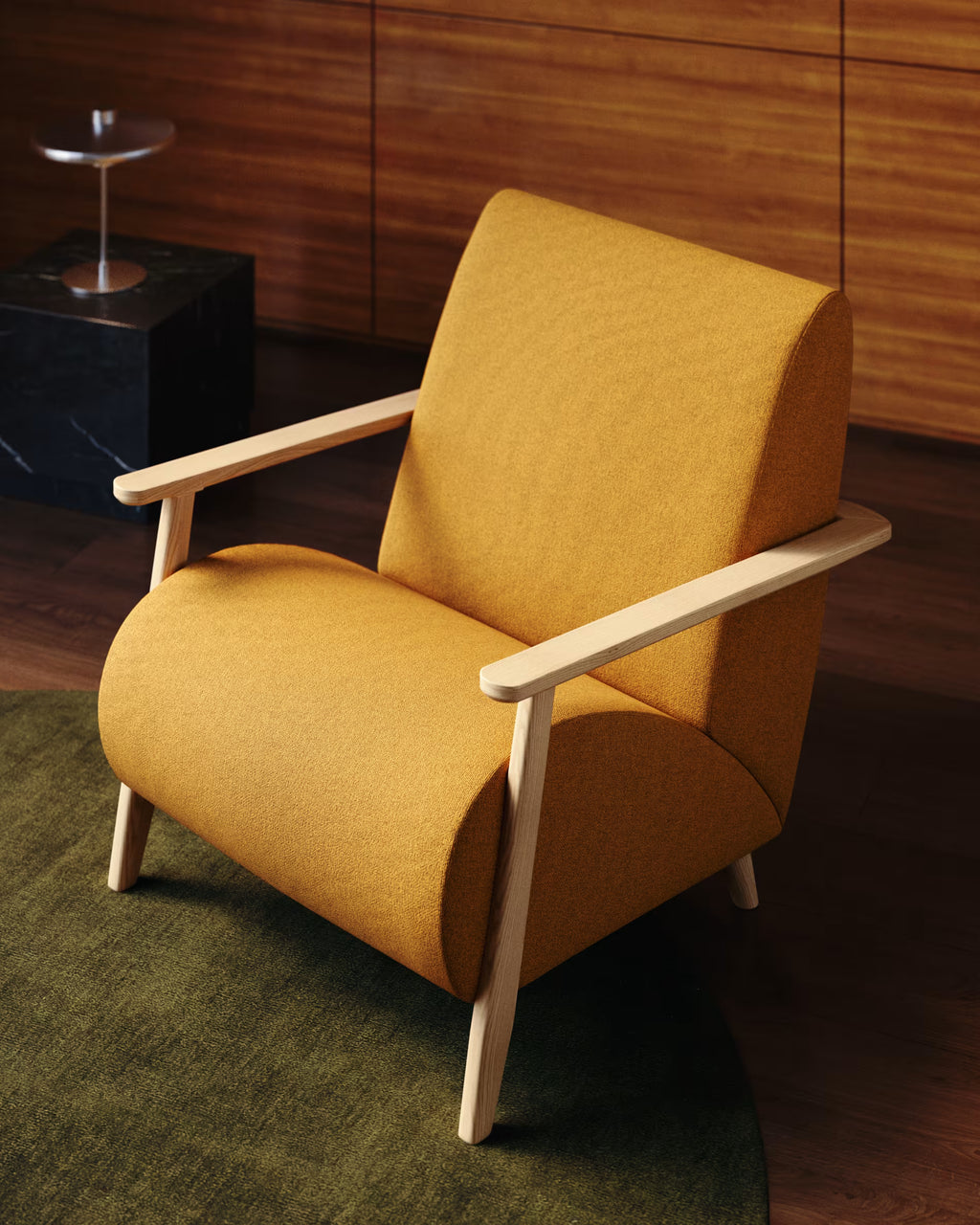 Meghan armchair in mustard bouclé with natural finish 