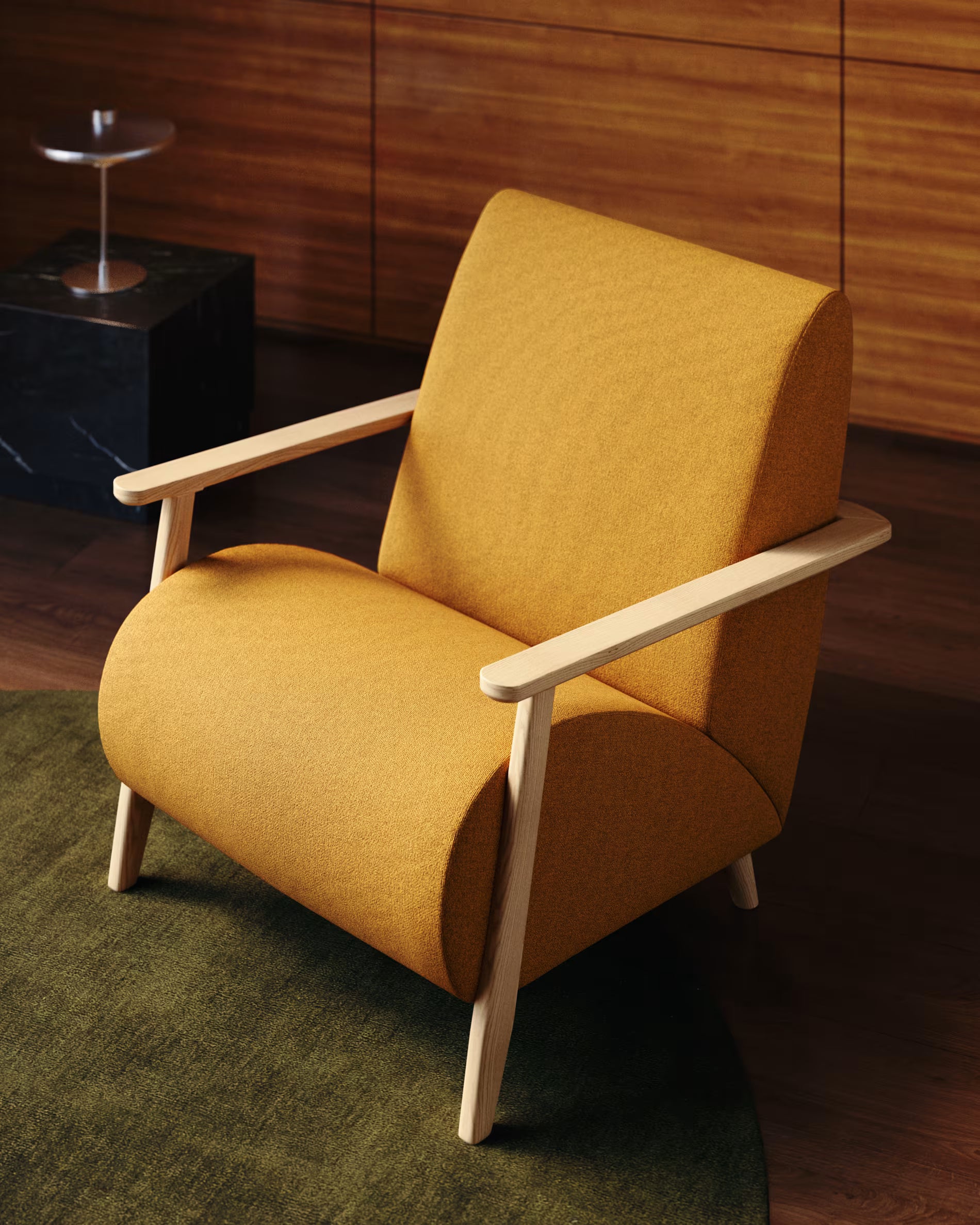 Meghan armchair in mustard bouclé with natural finish 