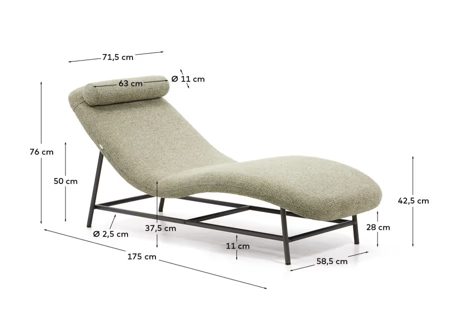 Osla divan in green chenille with brushed graphite stainless steel legs 174 cm.