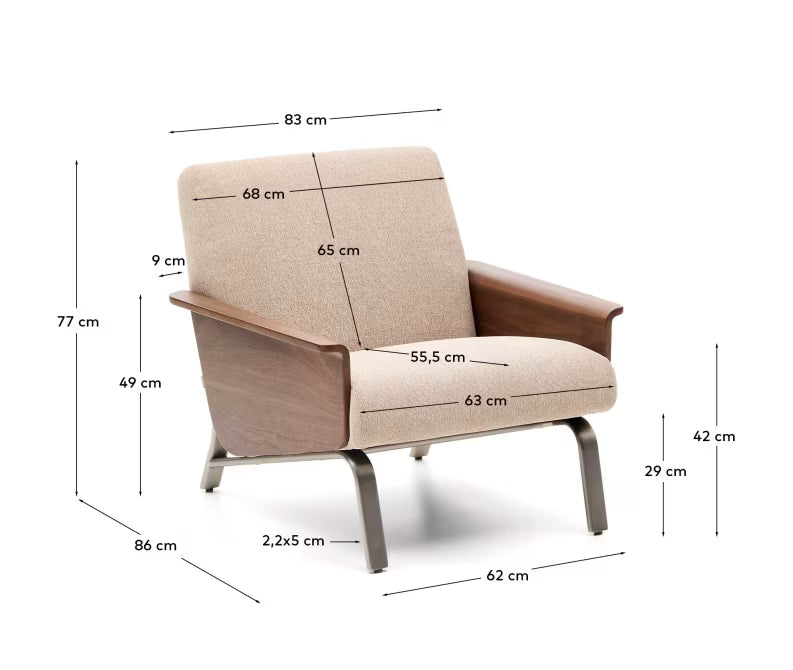 Amsen light brown armchair in walnut plywood with legs in brushed stainless steel