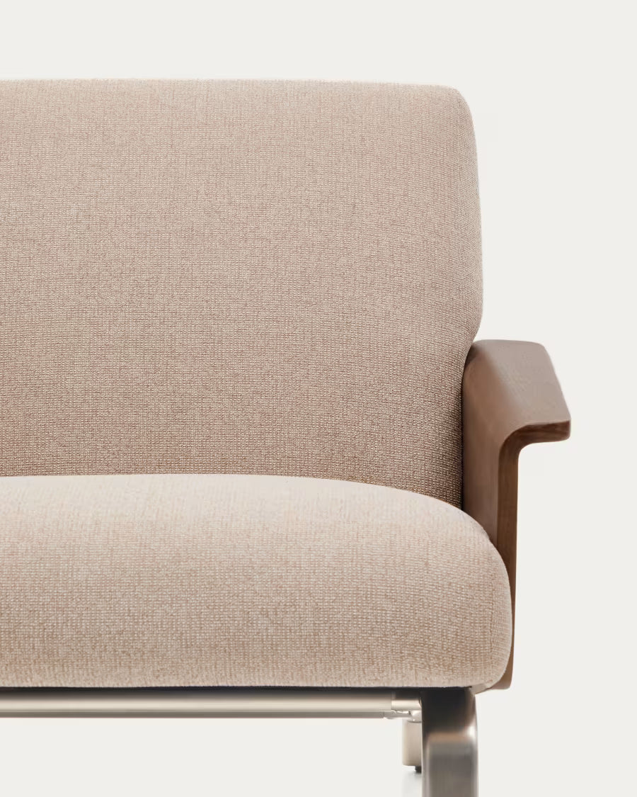 Amsen light brown armchair in walnut plywood with legs in brushed stainless steel