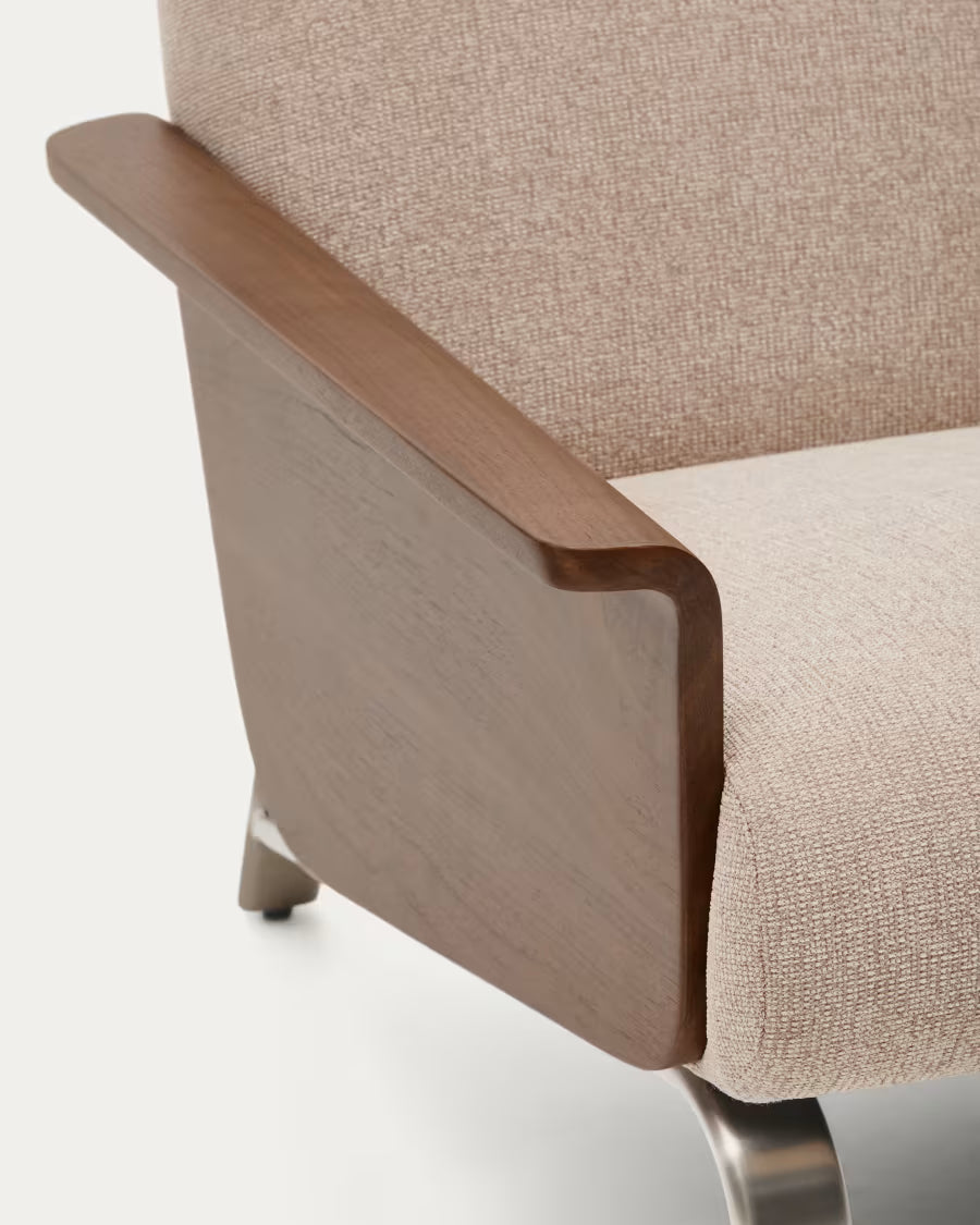 Amsen light brown armchair in walnut plywood with legs in brushed stainless steel