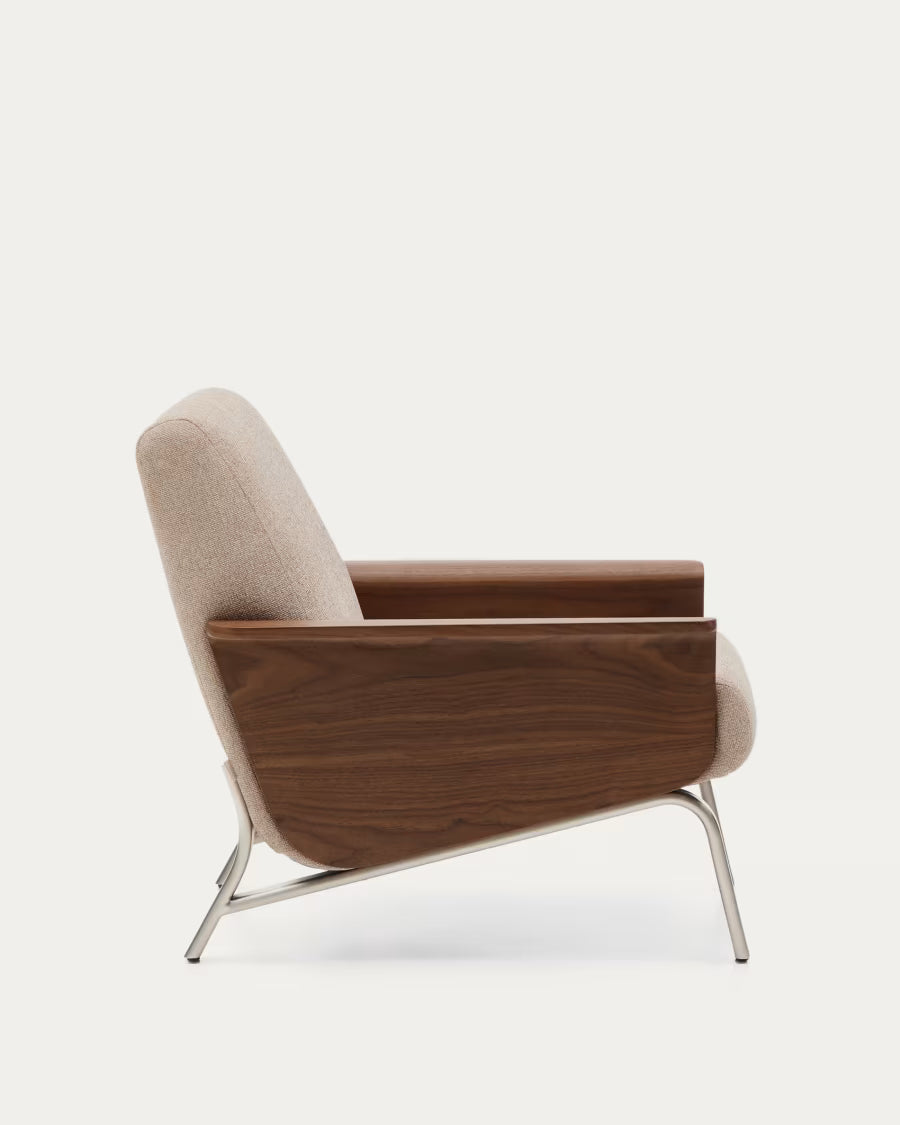 Amsen light brown armchair in walnut plywood with legs in brushed stainless steel