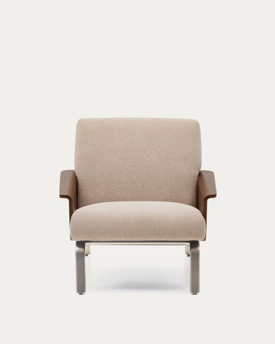 Amsen light brown armchair in walnut plywood with legs in brushed stainless steel