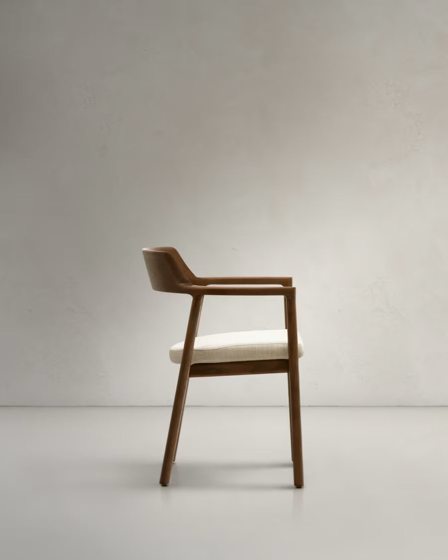 Alocs chair removable cover in beige chenille solid oak wood walnut finish