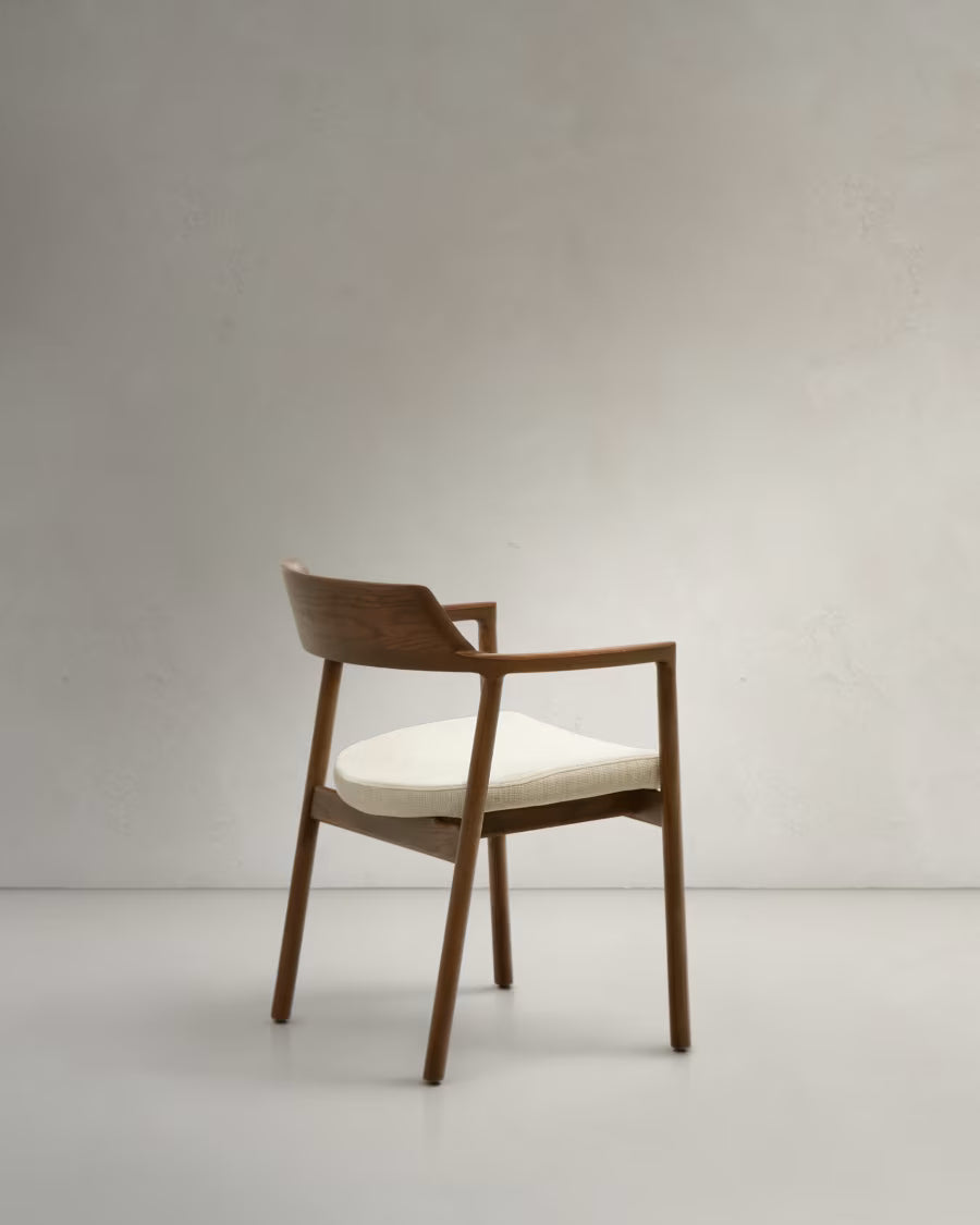 Alocs chair removable cover in beige chenille solid oak wood walnut finish