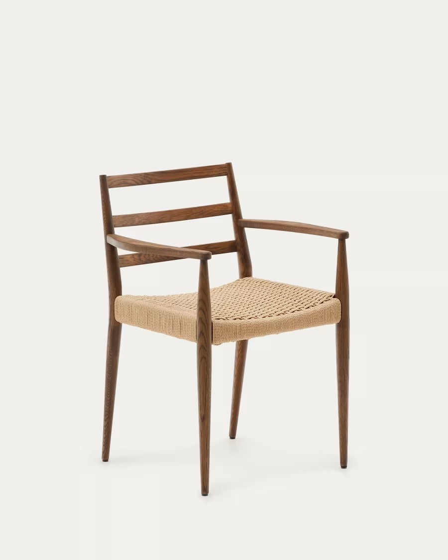 Analy Chair With Armrest in Solid Oak Wood in Walnut Finish