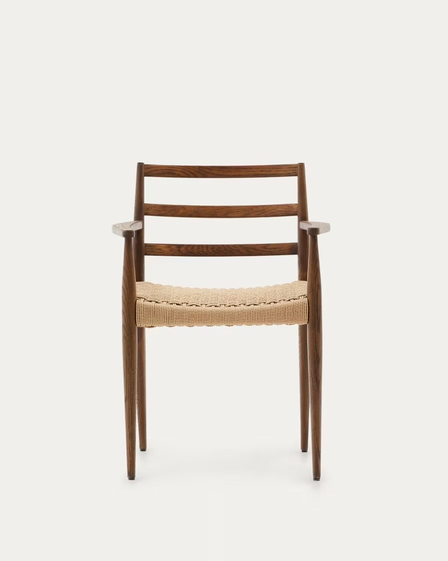 Analy Chair With Armrest in Solid Oak Wood in Walnut Finish