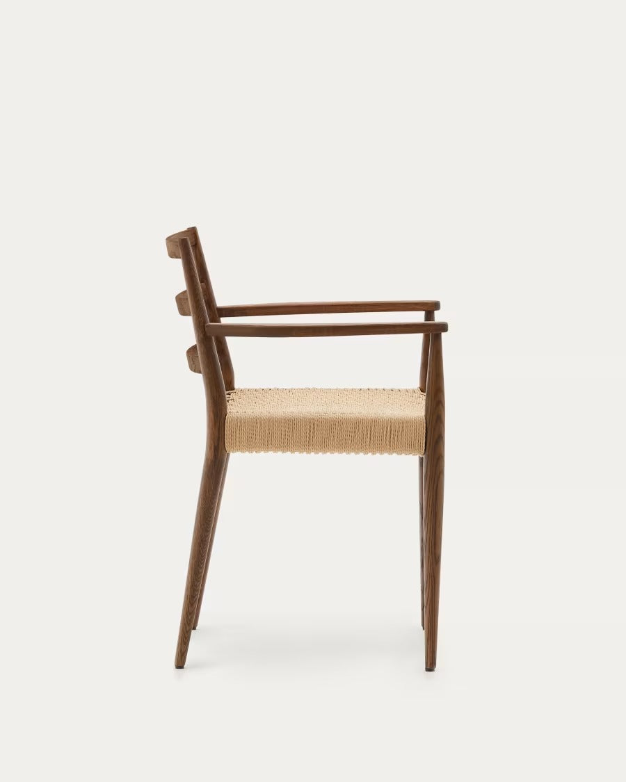 Analy Chair With Armrest in Solid Oak Wood in Walnut Finish