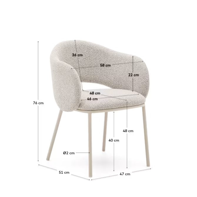 Maina Chair in thick beige chenille and steel legs in a beige finish